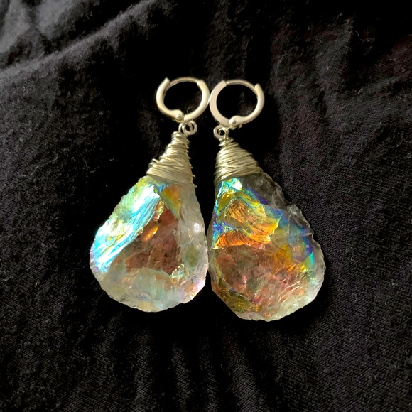 Hand Crafted Jewelry - Handmade Aura Quartz Silver Earrings 😍🌈